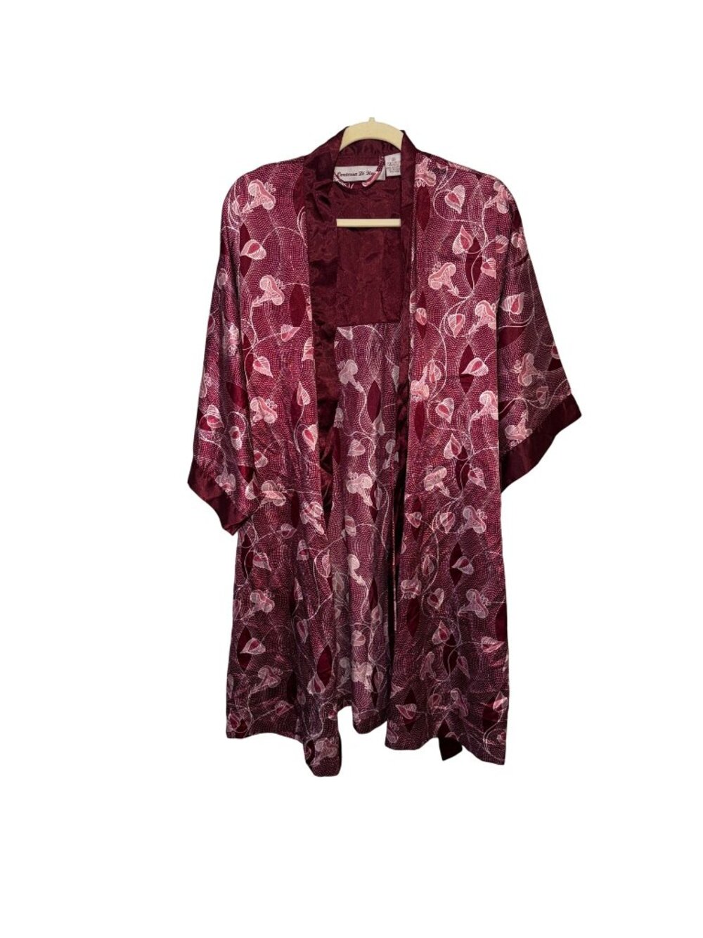 Contessa Di Roma Womens Floral Kimono Robe Burgundy Pink Satin